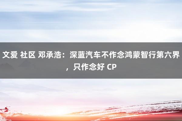 文爱 社区 邓承浩：深蓝汽车不作念鸿蒙智行第六界，只作念好 CP